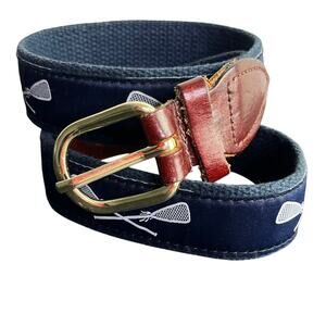 Boys Belt Lacrosse Sticks Brass Buckle 32 Navy Blue Adjustable Leather trim